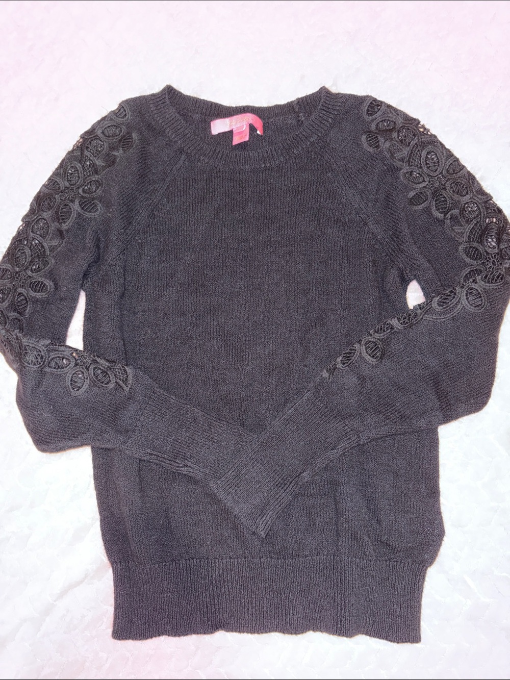 Lilly Pulitzer Black Crewneck Sweater with Lace Sleeve Accents